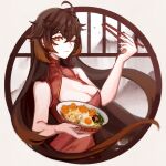  1girl bangs black_hair bowl breasts brown_eyes brown_hair china_dress chinese_clothes chopsticks cleavage cleavage_cutout clothing_cutout dress food fried_egg genshin_impact gradient_hair grey_background hair_between_eyes hand_up holding holding_bowl holding_chopsticks hu_tao_(genshin_impact) medium_breasts multicolored_hair noodles red_dress round_window sleeveless sleeveless_dress solo translation_request upper_body window zxny 