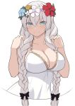  1girl anastasia_(fate) anastasia_(swimsuit_archer)_(fate) bangs bare_shoulders blue_eyes blush bow braid breasts cleavage collarbone dress dress_swimsuit fate/grand_order fate_(series) flower_wreath hair_bow hair_over_one_eye head_wreath large_breasts long_hair looking_at_viewer shiseki_hirame smile solo twin_braids very_long_hair white_dress white_hair 
