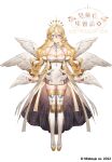  1girl 2022 absurdres arms_at_sides bangs blonde_hair blue_eyes boots braid breasts character_name cleavage closed_mouth company_name copyright detached_sleeves dress eleanor_stella feathered_wings full_body hair_between_eyes highres large_breasts long_hair multiple_wings nkshoujo official_art pillo second-party_source simple_background smile solo thigh_boots virtual_youtuber white_background white_wings wings 