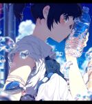  1girl absurdres black_hair blue_eyes bottle from_side hand_up highres holding holding_bottle looking_at_viewer ogipote original parted_lips shirt short_sleeves sideways_glance solo upper_body water_bottle white_shirt 