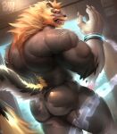  anthro back_muscles big_butt blonde_mane bracelet butt chain claws felid hi_res jewelry lion male mammal mane muscular muscular_anthro muscular_male pantherine physen raised_tail sharp_claws sharp_teeth solo teeth 