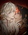  2boys asura_(onmyoji) bare_pectorals bishounen black_hair blonde_hair bracelet couple dark_skin earrings eyeliner facial_mark flower glowing glowing_eyes green_eyes hand_on_another&#039;s_face highres japanese_clothes jewelry long_hair lotus makeup male_focus multicolored_hair multiple_boys necklace onmyoji onmyouji pectorals red_eyes shialuwaoo short_hair taishakuten_(onmyoji) two-tone_hair white_hair yaoi 