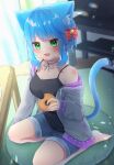  1girl :d animal_ear_fluff animal_ears barefoot black_shirt blue_hair blush bow breasts cat_ears cat_tail cleavage cushion day denim denim_shorts doughnut food green_eyes grey_jacket hair_bow highres holding holding_food indoors jacket looking_at_viewer mia_(michiru_donut) michiru_donut original red_bow shirt shorts sitting small_breasts smile solo table tail television wariza 