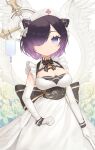  1girl :c azur_lane bell black_bow black_bowtie black_wrist_cuffs blush bow bowtie breasts cleavage cleavage_cutout clothing_cutout cone_hair_bun double_bun dress elbow_gloves feathered_wings flower gloves gold_bowtie hair_bun hair_over_one_eye hat highres intravenous_drip jervis_(azur_lane) looking_at_viewer medium_breasts neck_bell nurse_cap short_hair solo two-tone_bow two-tone_bowtie upper_body white_dress white_gloves wings wrist_cuffs yohia 