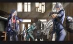  6+girls absurdres ak-12 ak-12_(girls&#039;_frontline) ak-15 ak-15_(girls&#039;_frontline) an-94 an-94_(girls&#039;_frontline) angelia_(girls&#039;_frontline) armored_vehicle assault_rifle bag black_hair business_suit clown_mask defy_(girls&#039;_frontline) duffel_bag formal girls&#039;_frontline ground_vehicle gun handgun highres kalashnikov_rifle mask multiple_girls necktie official_alternate_costume payday_(series) payday_2 pkp_(girls&#039;_frontline) purple_eyes rifle rpk-16_(girls&#039;_frontline) short_hair suit suitcase utsuda walkie-talkie weapon white_hair 