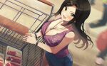  black_hair blush breasts cleavage denim denim_shorts dutch_angle floating_hair food highres idolmaster idolmaster_cinderella_girls large_breasts leaning_forward leaning_on_object looking_at_viewer meat motion_blur mukai_takumi partially_unzipped purple_shirt shangzi shirt shopping_cart shorts smile solo_focus straight_hair 