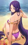  1girl arm_support armlet ass back bangs beach bikini breasts choker closed_mouth eyepatch_bikini fate/grand_order fate_(series) from_above from_behind highres large_breasts long_hair looking_back low-tied_long_hair minamoto_no_raikou_(fate) minamoto_no_raikou_(swimsuit_lancer)_(fate) outdoors parted_bangs purple_bikini purple_eyes purple_hair rororo sand shore smile swimsuit very_long_hair water 