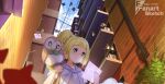  1girl balcony bird blonde_hair brick_wall building closed_mouth cloud commentary_request day edgar_syu eyelashes from_below green_eyes highres holding holding_strap lillie_(pokemon) looking_down map outdoors pidgey pokemon pokemon_(creature) pokemon_(game) pokemon_sm rowlet shirt short_sleeves sky wall watermark 