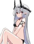  1girl :&lt; arknights bangs bare_shoulders between_legs bikini black_bikini breasts bright_pupils closed_mouth earrings feet_out_of_frame grey_hair hair_ornament hand_between_legs highres horns jewelry knees_up long_hair looking_at_viewer mudrock_(arknights) necklace oripathy_lesion_(arknights) pointy_ears red_eyes sitting small_breasts solo swimsuit touko_(toko12_tooko) very_long_hair 