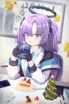  1girl absurdres arm_support bangs black_gloves blue_archive blush cake christmas christmas_cake collared_shirt commentary_request cup food gloves hair_between_eyes halo highres holding holding_cup hooded_coat long_hair long_sleeves looking_at_viewer lpleader mug necktie parted_lips purple_eyes purple_hair school_uniform shirt sidelocks solo strawberry_shortcake table two_side_up whiteboard yuuka_(blue_archive) 