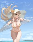  1girl :d beach bikini blonde_hair blue_archive blue_sky blush breasts cleavage cloud cloudy_sky collarbone day floating_hair front-tie_bikini front-tie_top green_eyes hat horizon large_breasts leaning_forward long_hair looking_at_viewer navel nonomi_(blue_archive) nonomi_(swimsuit)_(blue_archive) ocean off_shoulder open_mouth outdoors ribbon see-through shirt shore side-tie_bikini sky smile solo sun_hat swimsuit thigh_gap water waves white_shirt wind yellow_bikini zi_se 