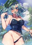  1girl absurdres bangs blue_eyes blue_hair blue_swimsuit flat_cap green_headwear hair_bobbles hair_ornament hamachi_paint hat highres kawashiro_nitori medium_hair short_twintails sidelocks solo swimsuit touhou twintails two_side_up wrench 