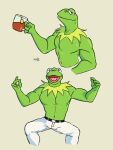  2022 3:4 abs amphibian amphibian_humanoid animal_humanoid anthro anthrofied bedroom_eyes belt beverage biceps bottomwear clothing container cosmicboy02 cup frill_(anatomy) frog frog_humanoid green_body half-closed_eyes hi_res humanoid kermit_the_frog looking_at_viewer male meme muppets muscular muscular_anthro muscular_humanoid muscular_male narrowed_eyes navel open_mouth open_smile pants pecs pose seductive signature simple_background smile solo spread_legs spreading tan_background tea tea_cup teabag tongue triceps white_bottomwear white_clothing white_pants 