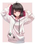  1girl ahoge bangs black_hair commentary_request hands_up highres hood hooded_jacket jacket long_sleeves looking_to_the_side medium_hair open_mouth original paw_print pink_eyes solo superpig two-tone_background white_jacket 