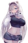  1girl absurdres arknights aurora_(arknights) belt belt_pouch black_gloves blue_eyes breasts crop_top gloves hair_over_one_eye hairband hand_on_own_chest highres large_breasts long_hair midriff navel pouch short_shorts shorts shrug_(clothing) white_background white_hair yuuki_shuri 