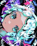  1girl abstract abstract_background absurdres bangs black_eyes blue_eyes close-up crystal_hair face highres houseki_no_kuni looking_at_viewer momae_makku parted_bangs parted_lips phosphophyllite portrait short_hair sidelocks sideways solo sparkling_eyes teeth white_hair 