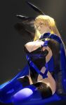  1girl alternate_costume animal_ears areola_slip arm_behind_back arm_support arm_up armor blonde_hair blue_cape blue_eyes blue_legwear cape commission covered_navel dimitri_alexandre_blaiddyd eyes_visible_through_hair fake_animal_ears fake_tail fire_emblem fire_emblem:_three_houses genderswap genderswap_(mtf) highres light_particles light_rays long_hair looking_at_viewer nykim0915 parted_lips playboy_bunny rabbit_ears rabbit_tail solo tail teeth thighhighs upper_teeth vambraces 