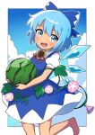  1girl absurdres bangs barefoot blue_bow blue_dress blue_eyes blue_hair blue_sky bow cirno cloud dress flower food fruit hair_bow highres holding holding_food ice ice_wings looking_at_viewer miz_(mizillustration) open_mouth pinafore_dress polka_dot puffy_short_sleeves puffy_sleeves short_hair short_sleeves sky solo sunflower tanned_cirno teeth touhou upper_teeth watermelon wings 