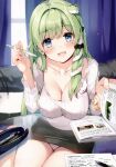  1girl :d absurdres bangs black_skirt blue_eyes blush book breasts cleavage collarbone commentary_request covered_nipples curtains day detexted fingernails frog frog_hair_ornament green_eyes green_hair hair_between_eyes hair_intakes hair_ornament hair_tubes highres holding holding_pen indoors kochiya_sanae large_breasts long_fingernails long_hair long_sleeves looking_at_viewer miyase_mahiro no_bra non-web_source panties pantyshot paper pen pencil pencil_case sidelocks sitting skirt smile snake snake_hair_ornament solo sweater third-party_edit touhou underwear very_long_hair watch white_panties window wristwatch 