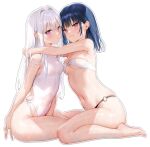  2girls barefoot bikini black_hair blush breasts cleavage full_body hair_ornament ichigo-chan_(mignon) kneeling long_hair looking_at_viewer medium_hair mignon multiple_girls navel o-ring o-ring_bikini one-piece_swimsuit original parted_lips purple_eyes red_eyes shiro-chan_(mignon) small_breasts smile swimsuit thighs toes wet white_bikini white_hair white_swimsuit 