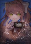  1girl :d absurdres bangs bow brown_hair brown_jacket corpse cracked_glass doki_doki_literature_club english_text green_background green_eyes grey_bow hair_bow hair_ribbon hanging highres holding jacket long_hair long_sleeves looking_at_viewer monika_(doki_doki_literature_club) open_mouth photo_(object) ponytail red_ribbon ribbon sayori_(doki_doki_literature_club) smile solo suicide teeth upper_body upper_teeth wny_(wnys_art) 