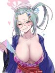  1girl areola_slip blue_archive breasts cleavage glasses green_hair grin hair_ornament hairpin heart highres holding holding_notebook japanese_clothes kimono large_breasts looking_at_viewer loose_clothes meru_(blue_archive) notebook smile standing towel towel_on_head tscplayer upper_body 