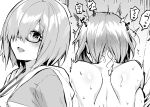  1girl back blue_gk blush commentary_request fate/grand_order fate_(series) glasses greyscale hair_over_one_eye highres implied_sex jacket mash_kyrielight monochrome motion_lines multiple_views nude open_mouth semi-rimless_eyewear short_hair translation_request under-rim_eyewear 