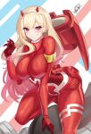  1girl absurdres blonde_hair bodysuit breasts cosplay darling_in_the_franxx ear_piercing highres impossible_bodysuit impossible_clothes kitagawa_marin large_breasts looking_at_viewer nez-box piercing plugsuit red_eyes smile solo sono_bisque_doll_wa_koi_wo_suru thick_thighs thighs zero_two_(darling_in_the_franxx) zero_two_(darling_in_the_franxx)_(cosplay) 
