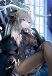  1girl akatsuki_hijiri bangs bare_shoulders blue_eyes breasts bridal_gauntlets commentary_request crossed_legs fate/grand_order fate_(series) feather_boa grey_hair hair_ornament hand_up highres large_breasts long_hair looking_at_viewer morgan_le_fay_(fate) parted_lips sitting solo thighs window 