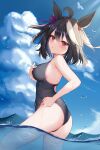  1girl adjusting_clothes adjusting_swimsuit ahoge animal_ears ass bare_arms bare_shoulders bird black_hair black_swimsuit blue_sky blush breasts competition_swimsuit cowboy_shot day dongyue_sakura from_side hair_ribbon hand_on_own_chest highres horse_ears kitasan_black_(umamusume) large_breasts light_rays looking_at_viewer looking_to_the_side multicolored_hair one-piece_swimsuit outdoors parted_lips red_eyes red_ribbon ribbon sky solo streaked_hair sunbeam sunlight swimsuit two-tone_hair umamusume wading water water_drop white_hair 