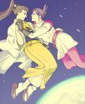  2girls ace_attorney aura_blackquill black_gloves black_hair cone_hair_bun floating geta gloves hair_bun high_ponytail holding_hands japanese_clothes kimono labcoat long_hair metis_cykes moon multiple_girls nekowosuu phoenix_wright:_ace_attorney_-_dual_destinies pink_legwear ponytail purple_hair smile space yellow_kimono yuri 