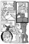  absurd_res anthro anthro_on_anthro big_breasts breasts clothing comic dialogue fellatio female genitals hi_res kneeling licking male male/female mammal mdgusty monochrome nude oral penile penis penis_lick sex shirt tongue tongue_out topwear ursid 