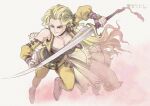  1girl blonde_hair blue_eyes boots breasts celes_chere cleavage detached_sleeves final_fantasy final_fantasy_vi highres holding holding_sword holding_weapon large_breasts long_hair pants saber_(weapon) sword tassel vest wavy_hair weapon white_footwear yellow_pants yellow_vest yukimedonn 