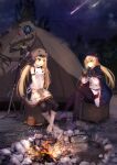  2girls artoria_caster_(fate) artoria_caster_(first_ascension)_(fate) artoria_caster_(second_ascension)_(fate) artoria_pendragon_(fate) bangs belt beret black_gloves black_legwear blonde_hair blue_cape blue_headwear blush breasts buttons campfire cape double-breasted dress dual_persona fate/grand_order fate_(series) fukiya_(fumiakitoyama) gloves green_eyes grey_gloves grey_headwear hat highres hood hooded_cape long_hair long_sleeves looking_at_viewer multicolored_cape multicolored_clothes multiple_girls open_mouth pantyhose pouch red_cape sitting sleeveless sleeveless_dress small_breasts smile staff tonelico_(fate) twintails white_dress 