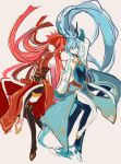  2boys absurdres androgynous blue_hair denif_(elsword) dragon_boy dragon_horns dragon_tail elf elsword full_body highres holding_hands horns kurayuki0404 long_hair long_sleeves looking_at_another multiple_boys pink_hair pointy_ears ponytail red_hair rosso_(elsword) sketch tail very_long_hair white_background yellow_eyes 