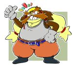  2022 anthro balue bottomwear brown_body canid canine canis clothing domestic_dog eyes_closed facial_hair gloves handwear humanoid_hands kemono klonoa_(series) male mammal mustache okudami overweight overweight_male pants shirt simple_background solo topwear video_games 