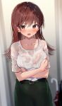 1girl blurry breasts brown_eyes brown_hair commentary_request cowboy_shot depth_of_field green_skirt kantai_collection large_breasts long_hair looking_at_viewer nanahamu official_alternate_costume ooi_(kancolle) see-through shirt skirt solo wet wet_clothes white_shirt 