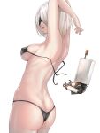  1girl armpits arms_up ass bangs bare_arms bare_shoulders bikini black_bikini blindfold breasts butt_crack commentary_request floating floating_object highres lips medium_breasts mole mole_under_mouth nier_(series) nier_automata nyatokanyaru parted_lips pod_(nier_automata) robot short_hair sideboob simple_background swimsuit thighs untied untied_bikini white_background white_hair yorha_no._2_type_b 