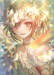 1girl :d artist_name bangs bare_shoulders blurry blurry_background brown_eyes brown_hair commentary dress flower head_wreath holding holding_paintbrush jewelry lens_flare lens_flare_abuse light_blush looking_at_viewer necklace open_mouth paintbrush painting_(action) por_(_por_tt) project_sekai shinonome_ena short_hair signature smile solo symbol-only_commentary upper_body white_dress white_flower 