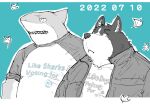  2022 anthro belly biped canid canine canis clothing domestic_dog duo fish kemono male mammal marine overweight overweight_male shark shirt takakei1 text text_on_clothing text_on_shirt text_on_topwear topwear 