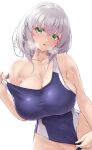 1girl bangs blue_swimsuit blush breasts cleavage green_eyes grey_hair hair_between_eyes highres hololive huge_breasts looking_at_viewer medium_hair mole mole_on_breast null_ccino one-piece_swimsuit parted_lips shirogane_noel simple_background solo strap_pull swimsuit wet wet_clothes wet_swimsuit white_background 