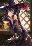  1girl :/ absurdres alcohol bare_shoulders black_choker black_hair black_pantyhose blue_leotard blush bodystocking breasts choker closed_mouth cocktail_glass cup drinking_glass drinking_straw elbow_gloves elbow_rest food from_side fruit genshin_impact gloves green_eyes hair_ornament hat highres indoors leaning_forward leotard long_hair looking_at_viewer mona_(genshin_impact) orange_(fruit) orange_slice pantyhose purple_hair sitting solo sparkle_hair_ornament sparkle_print star_(symbol) star_hair_ornament table thighlet twintails volar_uwu whiskey witch_hat 
