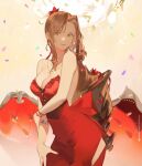  aerith_gainsborough armlet back_bow bangs bare_shoulders bow bracelet breasts brown_eyes brown_hair cleavage collarbone confetti couch dress final_fantasy final_fantasy_vii final_fantasy_vii_remake flamenco_dress flower hair_flower hair_ornament hair_rings hand_on_own_arm highres jewelry lanhacy long_dress long_hair medium_breasts necklace official_alternate_costume parted_bangs ponytail red_dress red_flower red_ribbon ribbon side_slit sidelocks sleeveless sleeveless_dress smile solo strapless strapless_dress upper_body wavy_hair 