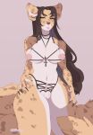  absurd_res african_leopard anthro breasts christian_cross claws clothed clothing felid female finger_claws genitals hi_res kikueatgoo leopard mammal monika_(pistolpete) nipples pantherine pussy skimpy solo thick_thighs unimpressed 