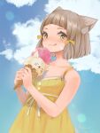  1girl animal_ears bangs blunt_bangs cat_ears chest_jewel dress_swimsuit food highres ice_cream nia_(fancy_sundress)_(xenoblade) nia_(xenoblade) remaco ribbed_swimsuit short_hair solo swimsuit xenoblade_chronicles_(series) xenoblade_chronicles_2 yellow_eyes yellow_swimsuit 