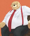  2022 anthro belly big_belly bottomwear brown_body canid canine canis clothing domestic_dog eyewear glasses hi_res kemono male mammal mature_male necktie o_miso_n overweight overweight_male pants shirt sitting solo suspenders topwear 