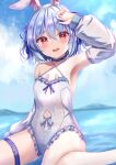  1girl animal_ear_fluff animal_ears arm_up bangs bare_legs blue_choker blue_hair blue_ribbon blush bunny-shaped_pupils choker clothing_cutout detached_sleeves extra_ears frilled_swimsuit frills hair_between_eyes hair_ribbon highres hololive long_sleeves looking_at_viewer navel_cutout one-piece_swimsuit open_mouth rabbit_ears red_eyes ribbon short_eyebrows sitting solo swimsuit symbol-shaped_pupils thick_eyebrows thigh_strap two_side_up usada_pekora virtual_youtuber yuano 