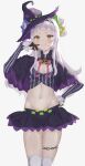  1girl absurdres bangs black_gloves blunt_bangs blush breasts capelet gloves grin hand_on_hip hat highres hololive kingudejii long_hair midriff murasaki_shion navel skirt small_breasts smile solo thighhighs virtual_youtuber white_hair white_legwear witch_hat yellow_eyes 