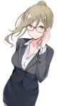  1girl absurdres bangs blush breasts cleavage collarbone collared_shirt dress_shirt dress_suit formal glasses green_eyes hair_between_eyes highres inuyama_aoi light_brown_hair long_hair long_sleeves looking_at_viewer office_lady shirt solo suit unu_(unucence) white_shirt yurucamp 