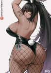  1girl animal_ears arms_up ass batako_(pixiv54063972) black_hair black_leotard blue_archive breasts curvy dark-skinned_female dark_skin fake_animal_ears fake_tail fishnet_legwear fishnets from_behind halo highres huge_ass huge_breasts karin_(blue_archive) leotard long_hair looking_back paid_reward_available patreon_logo patreon_username playboy_bunny ponytail rabbit_ears rabbit_tail sideboob signature solo tail thick_thighs thighs very_long_hair yellow_eyes 